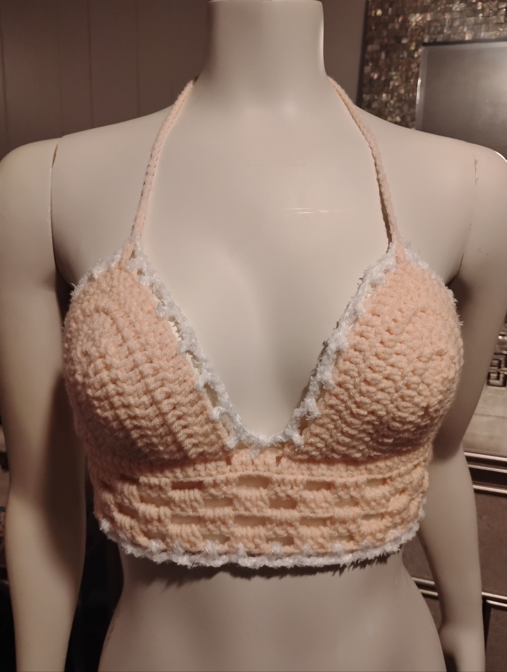 Peach Crochet Halter Bralette with White Trim